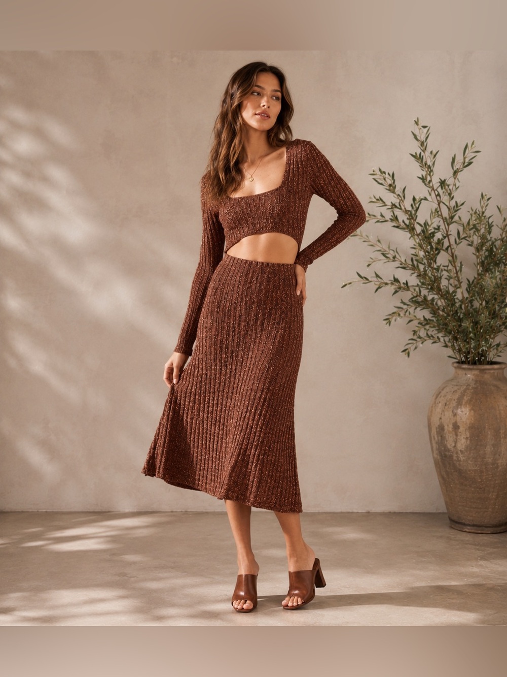 AFRM Brown Marled Knit Cutout Midi Dress Two Piece Look XL NWOT
